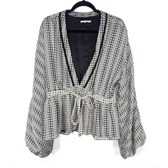 Tularosa Blouse Black And White Checkered Blouse Belted V-Neck Women's Size XL - Picture 2 of 13